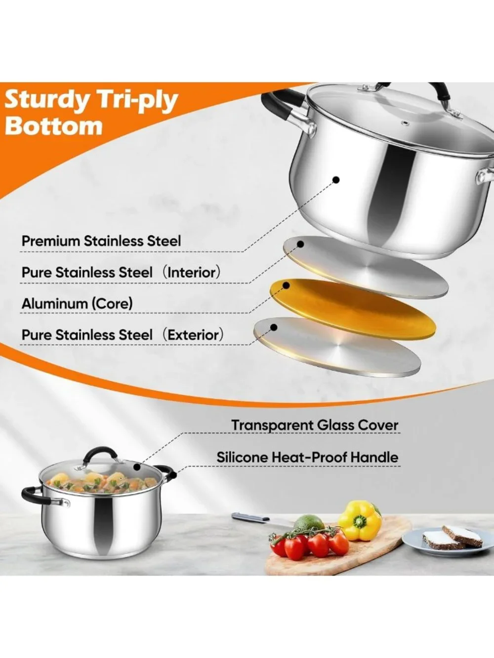 6 Quart Stainless Steel Stock Pot with Visible Lid | Tri-Ply, Heatproof Handles